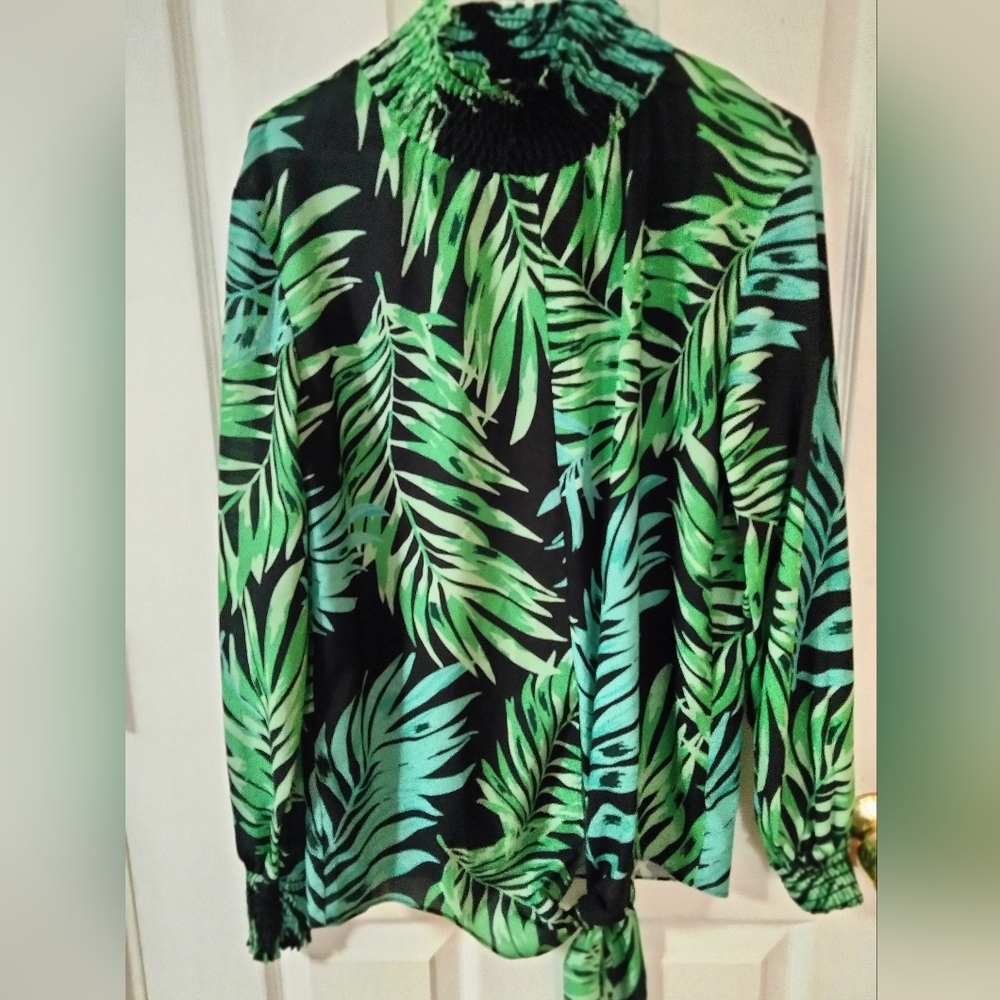 Exotic Print Tie Front Blouse with Mock Collar